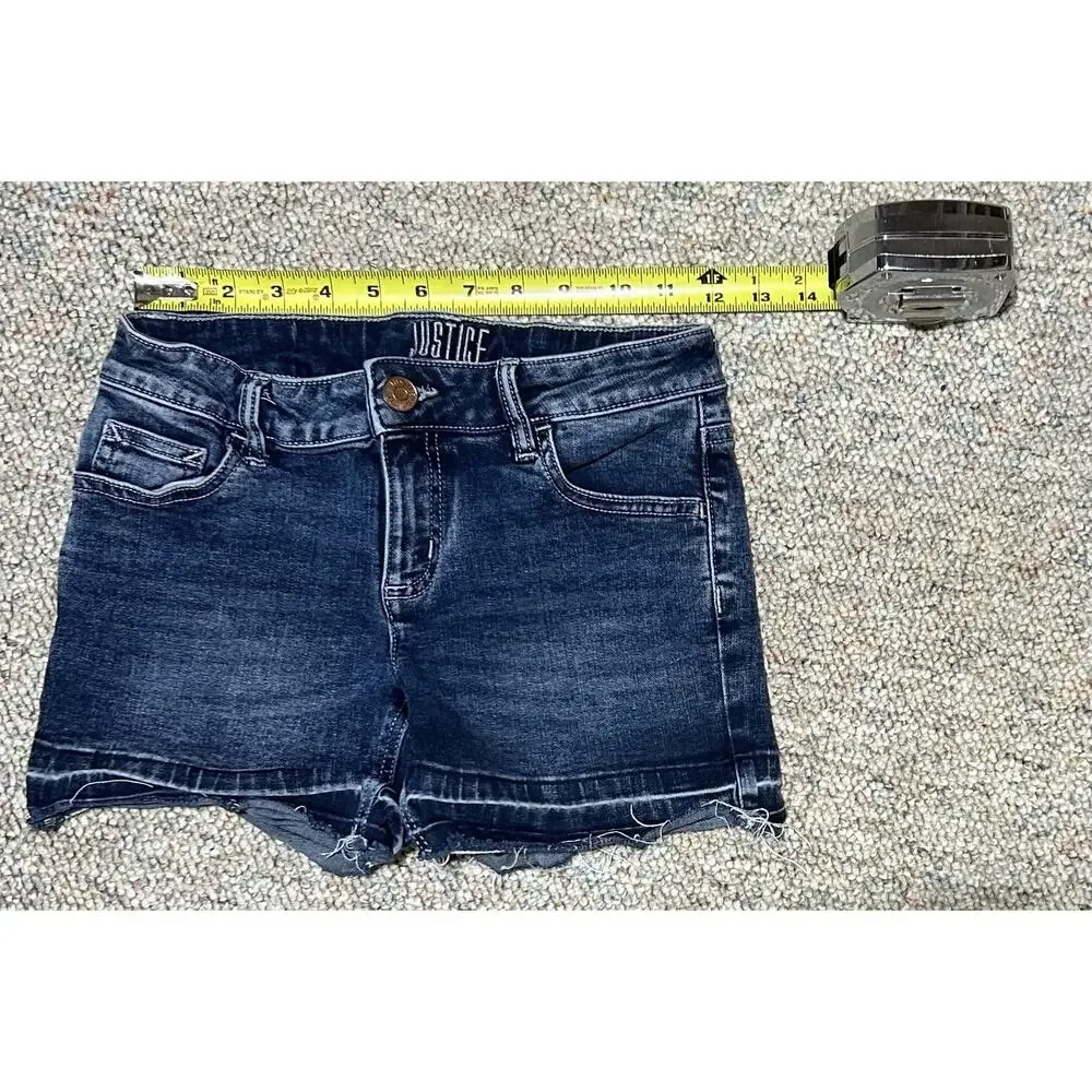 Justice Girls Denim Dark Blue Jean Shorts Size 12 Rolled Cuff Faded
